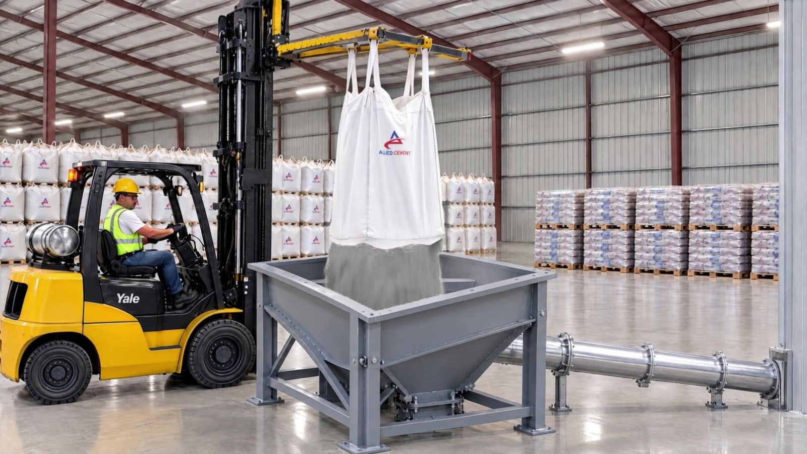 Jumbo bag emptying into the debagging hopper