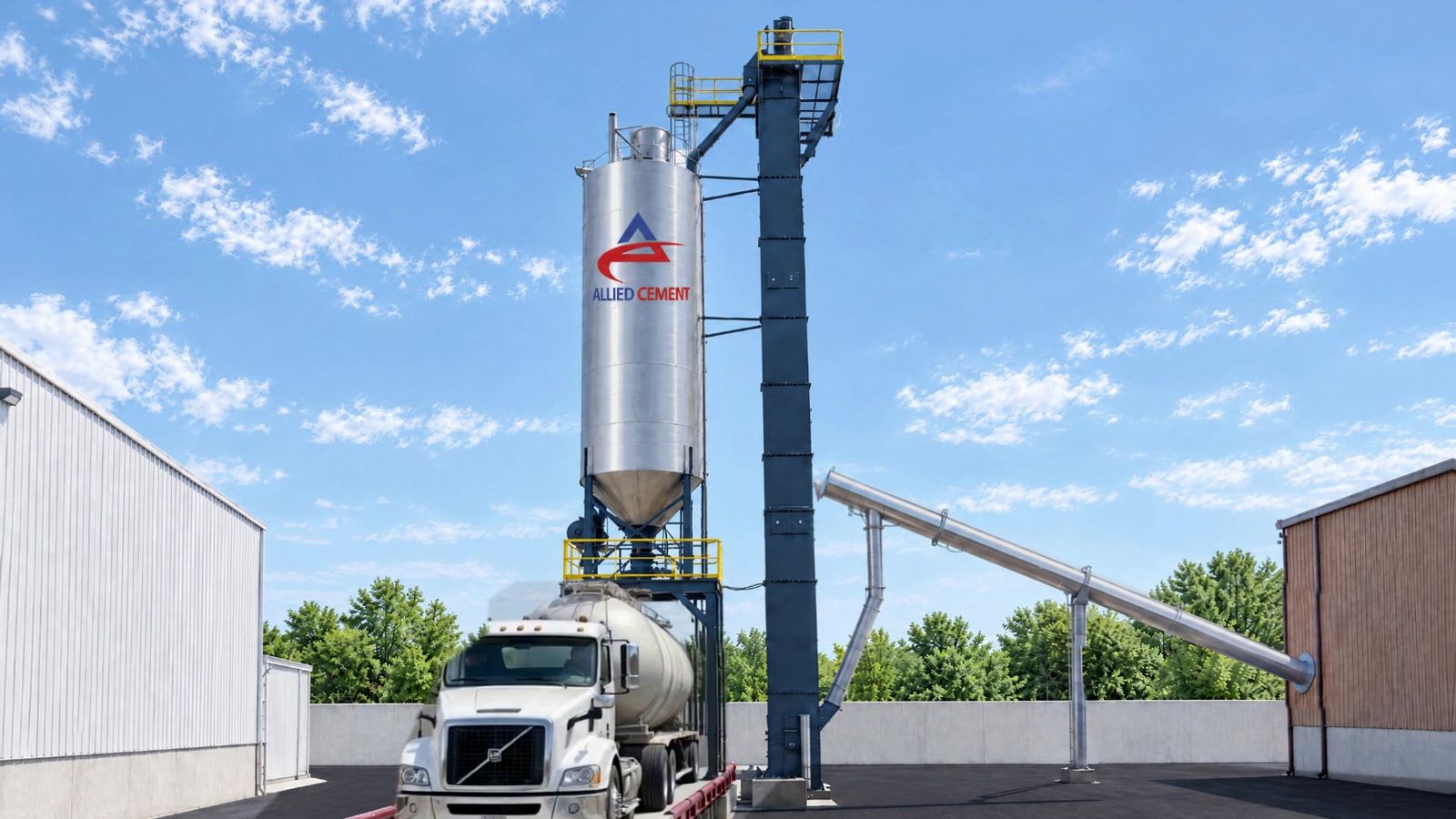 Tanker under the Allied Cement silo and bucket elevator