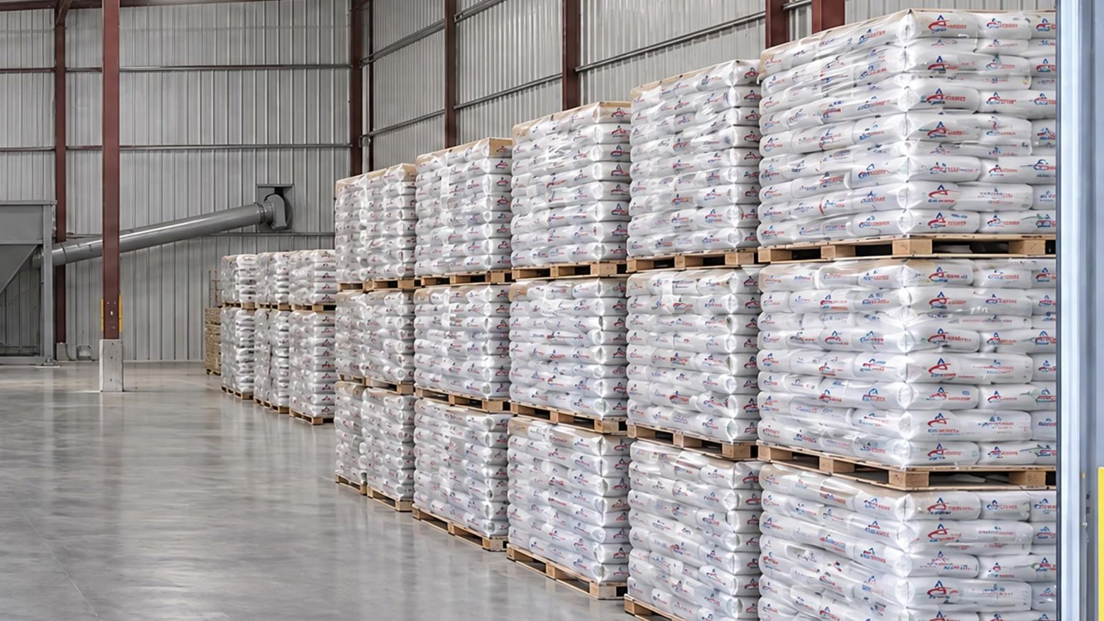 Pallets of Allied Cement small bags stacked in the warehouse