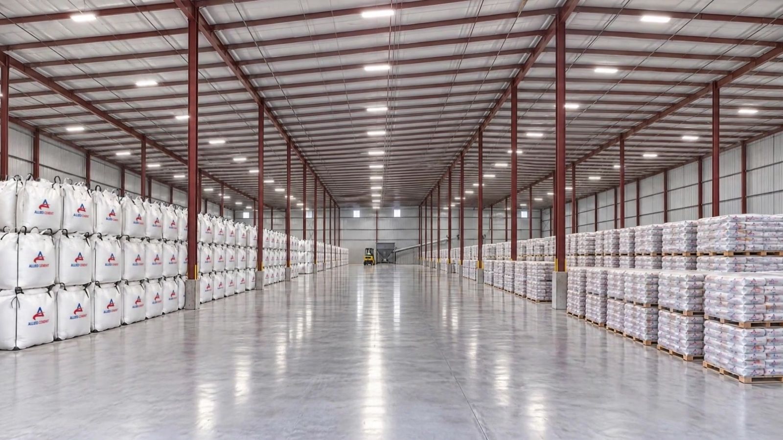 Jumbo bags and pallets of small bags in the Allied Cement warehouse